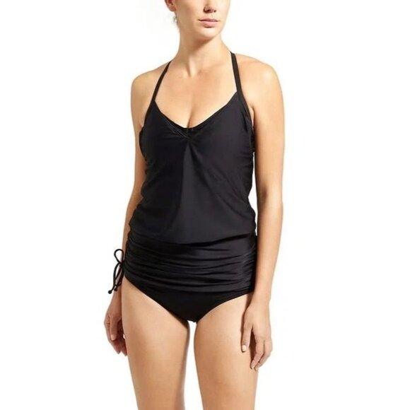 Athleta Side Scrunch Tankini Swim Top Womens 36B/C Adjustable Strap V-Neck Black - Picture 13 of 13